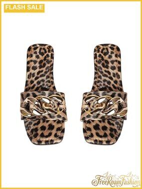 Faux Leather Slide Sandals Cheetah Print Open Toe Slip On Flat Summer Beach
